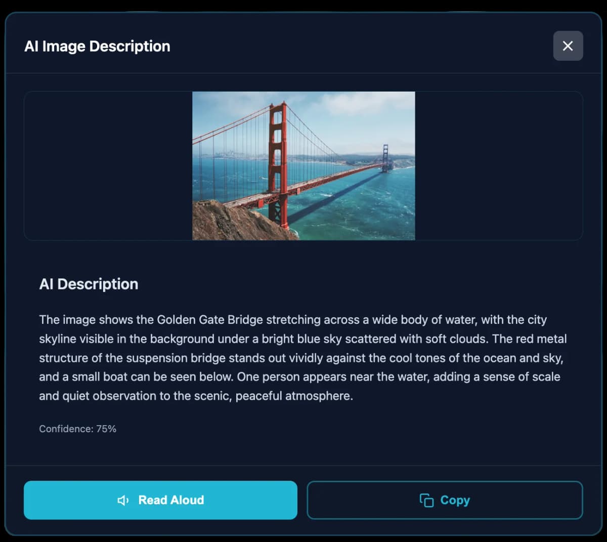 AI Image Description interface showing the Golden Gate Bridge with detailed accessibility description and Read Aloud functionality