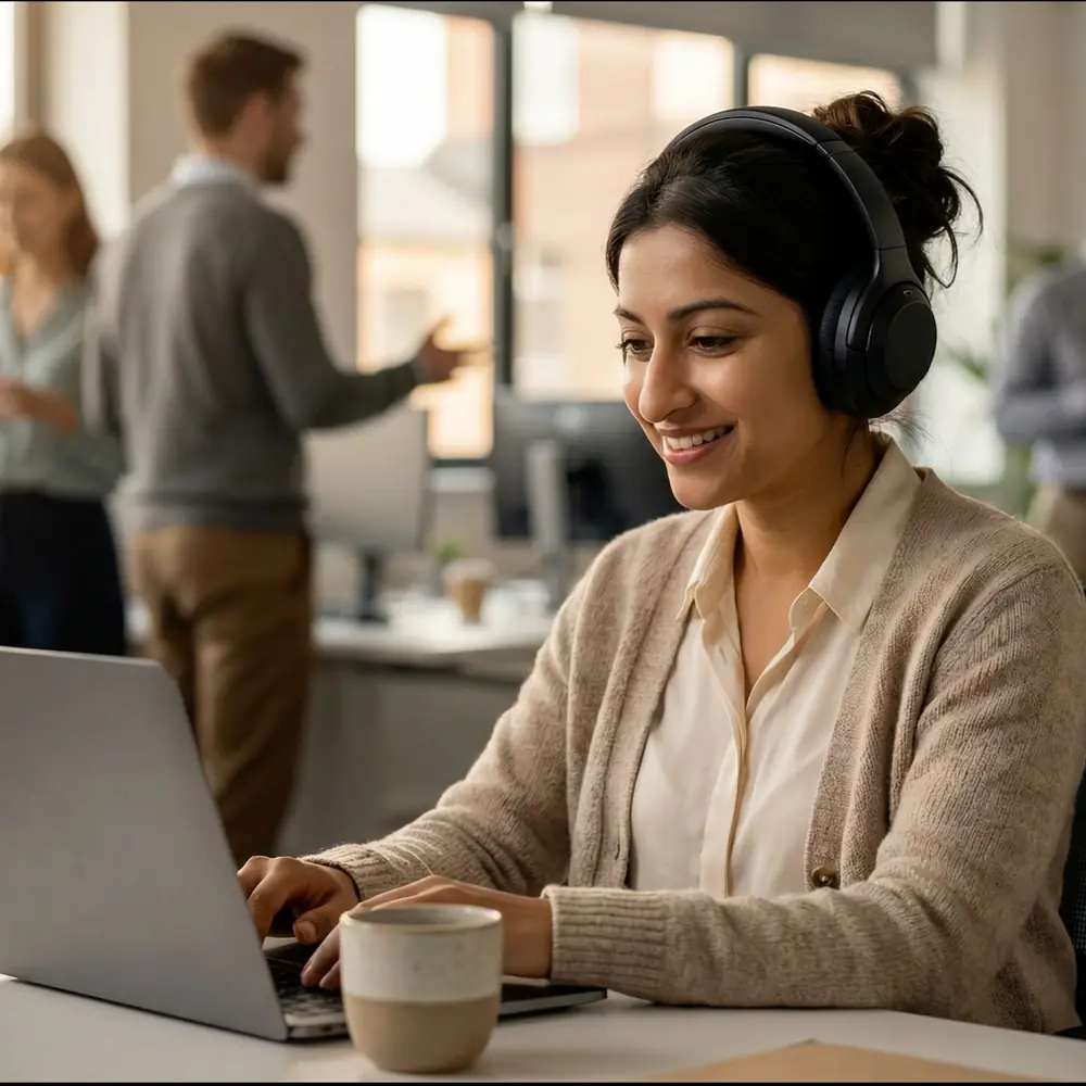 Employee using workplace assistive technology during online training