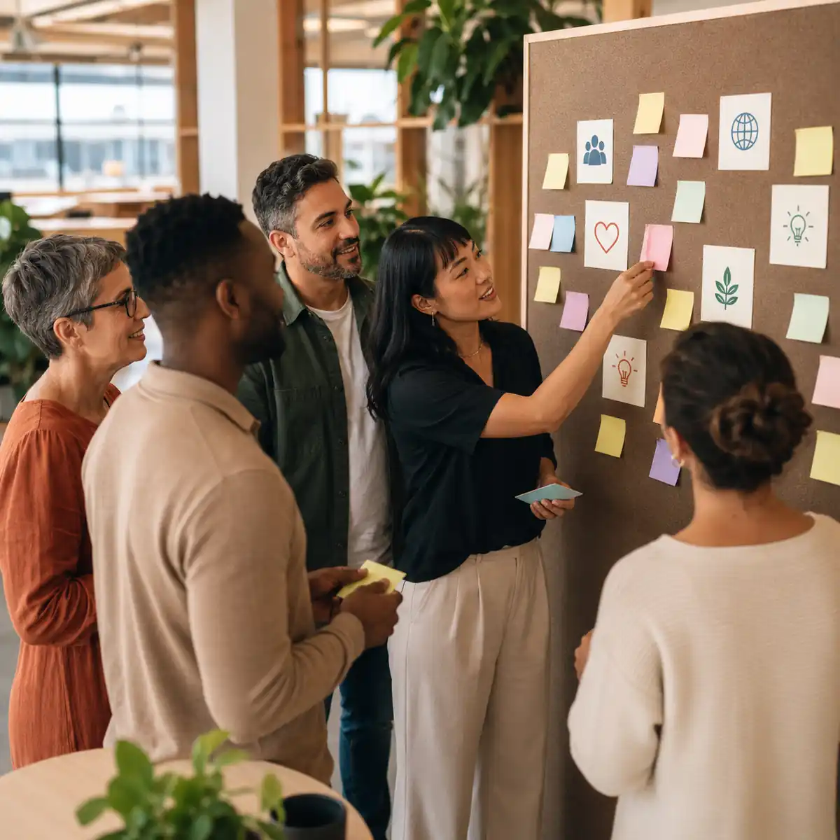 Diverse company team gathered around posting ideas on a board 