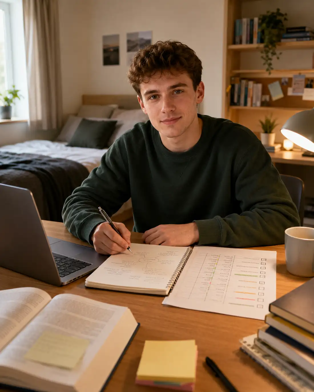 Student writing study notes at a desk with books, a laptop and planning materials
