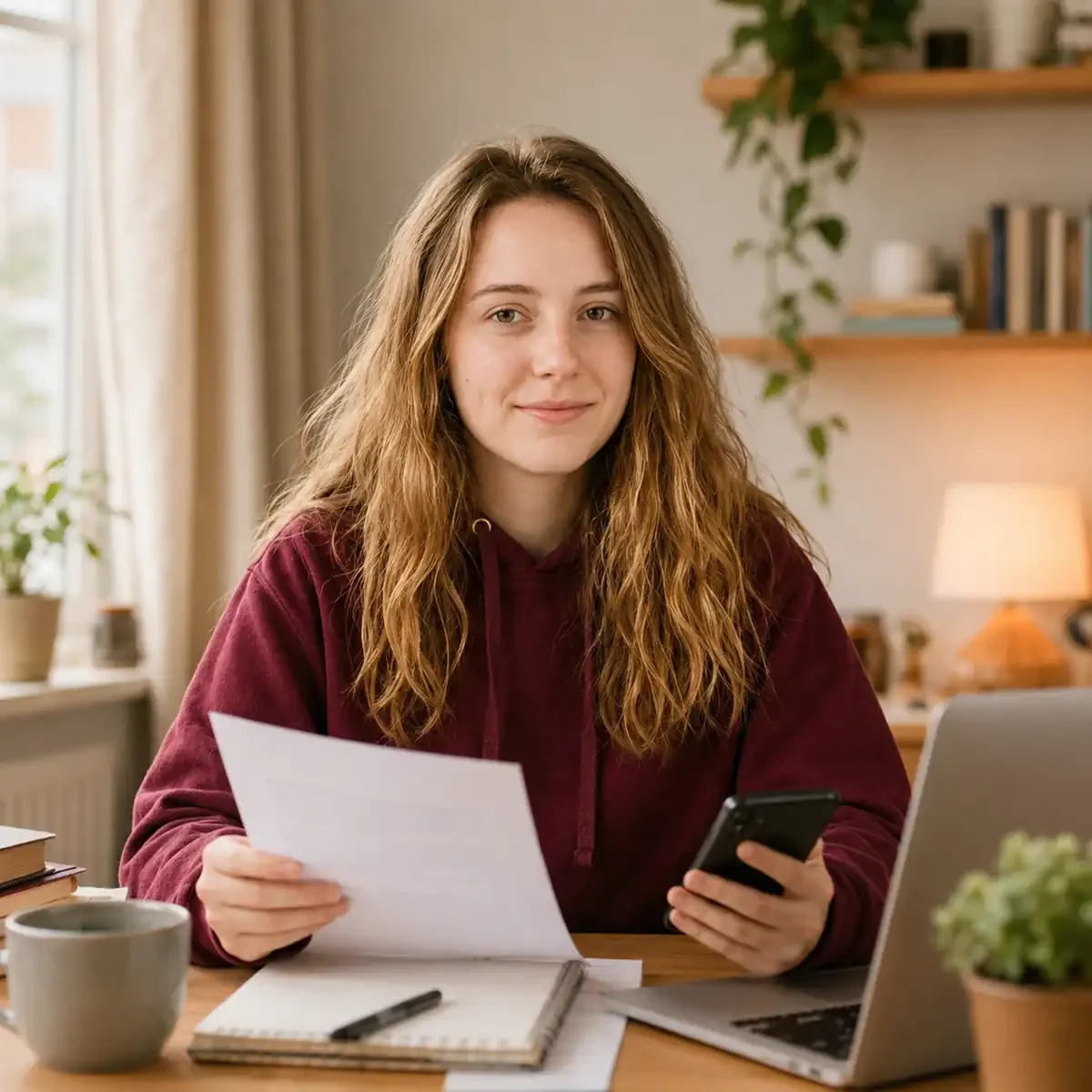 Student reviewing support paperwork and contacting Calling All Minds from home