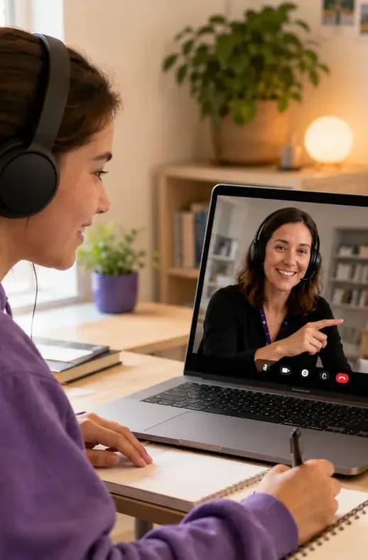 Student wearing headphones and taking notes during an online assistive technology training session
