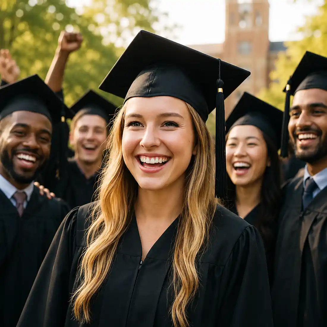 Graduating students in caps and gowns outdoors, representing disabled and neurodivergent students progressing through education with support