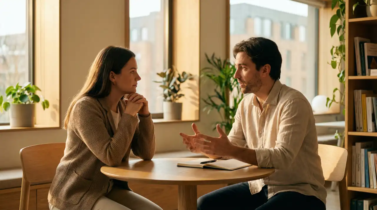 Two professionals in a thoughtful one-to-one conversation in a warm office setting