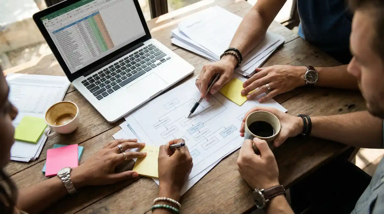 Team collaborating over documents and diagrams at a wooden table